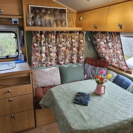 Campingplatz Caravan Met Voortent En Bijzettentje Petten